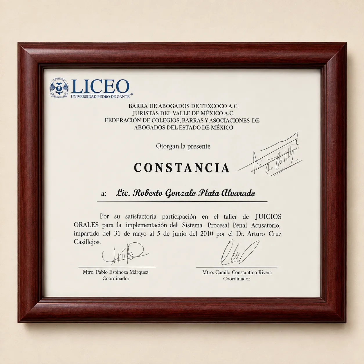 Constancia del taller de juicios orales para la implementación del sistema procesal penal acusatorio, 2010.