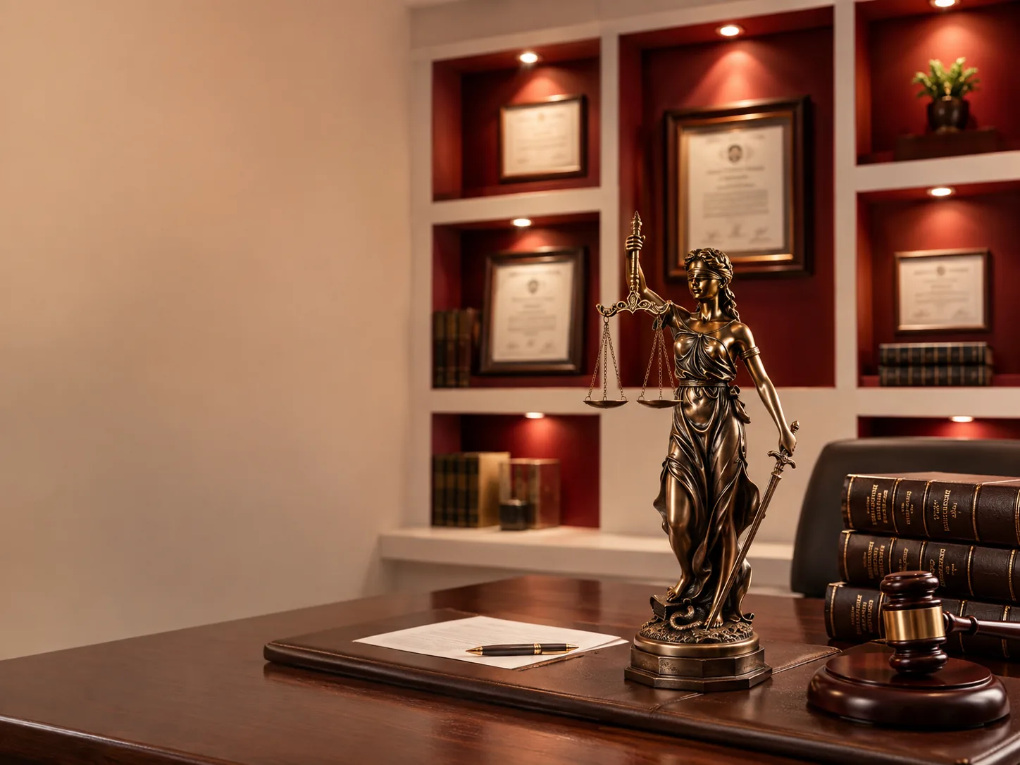 Escritorio del despacho con estatua de la Justicia, libros y diplomas