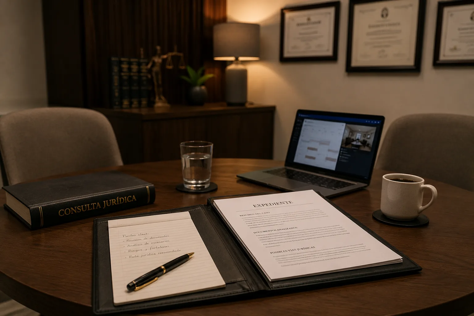 Mesa de consulta con un expediente abierto, notas manuscritas de puntos clave y dos sillas.